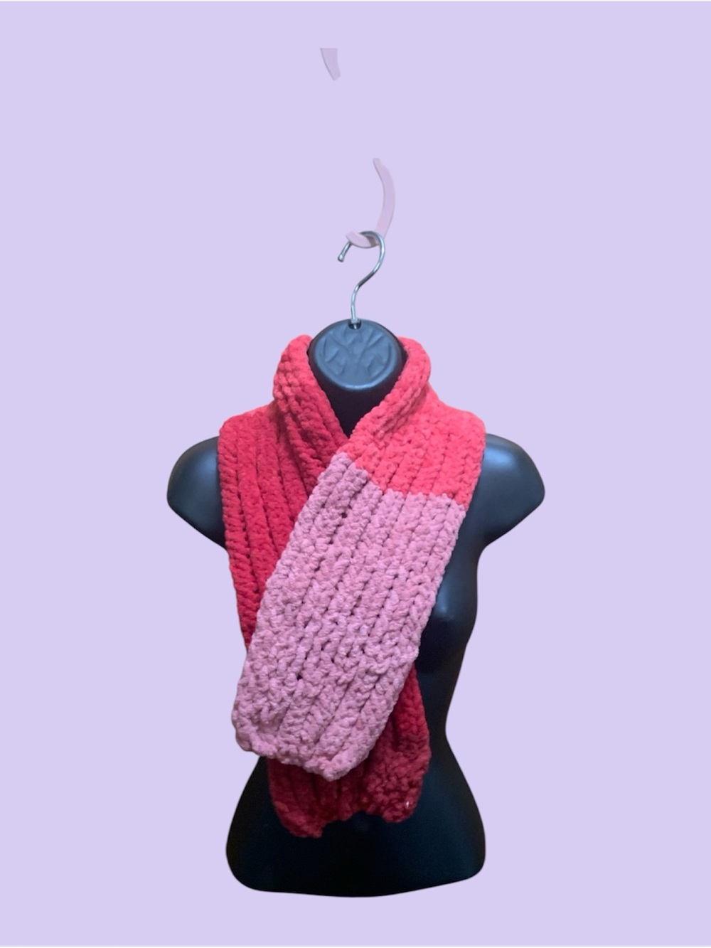 NWOT Hand Knit Chunky Chenille Scarf Colorblock Pink Coral Maroon Burgundy Plush